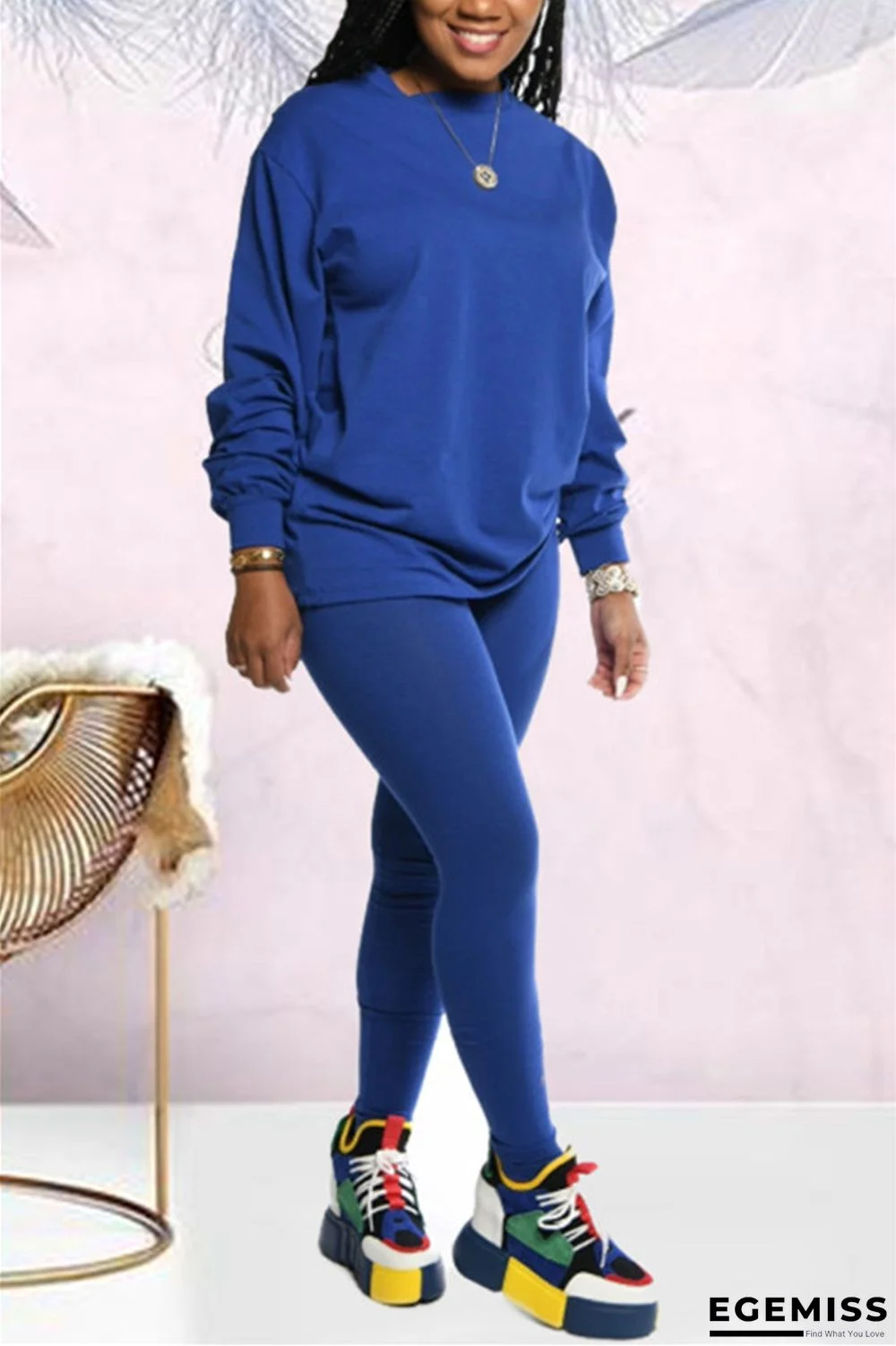 Blue Fashion Casual Long Sleeve O Neck Regular Sleeve Regular Solid Two Pieces | EGEMISS