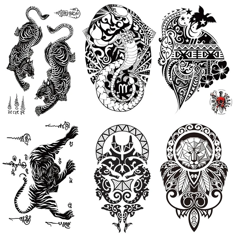 6 Sheets Totem Tribe Tiger Half Arm Temporary Tattoo Stickers