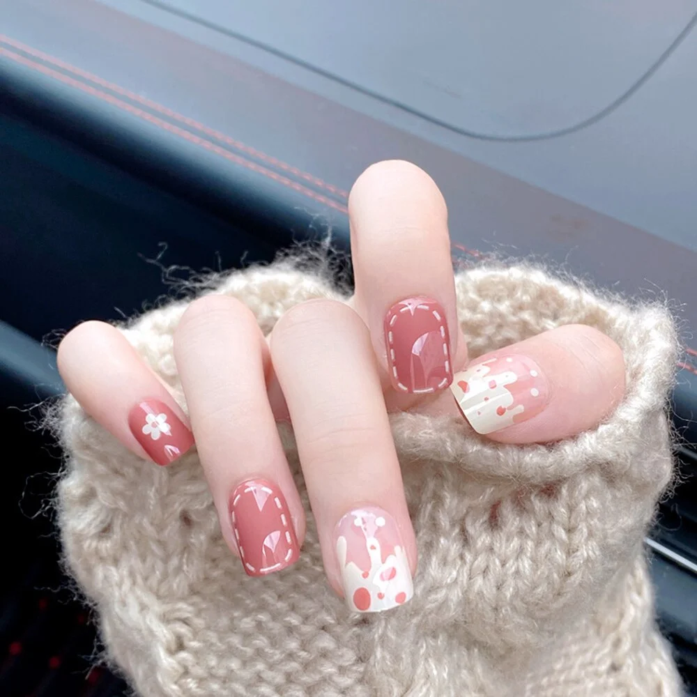 24pcs Tulip Printed Nail Patch Nude Color Wearable Artificial Fake Nails Full Cover Sweet Nude Pink Nail Tips Art Accessories-Nail Inspo