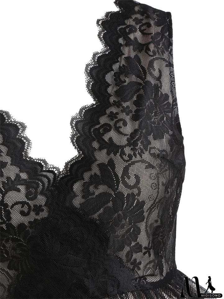 MidiSono - Black 1950S Feminine V Neck Lace Floral&nbsp;Swing Dress