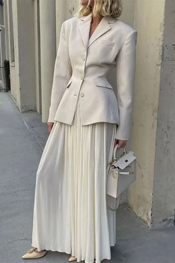 Solid Color Notched Lapel Chic Pleated Dress Suit
