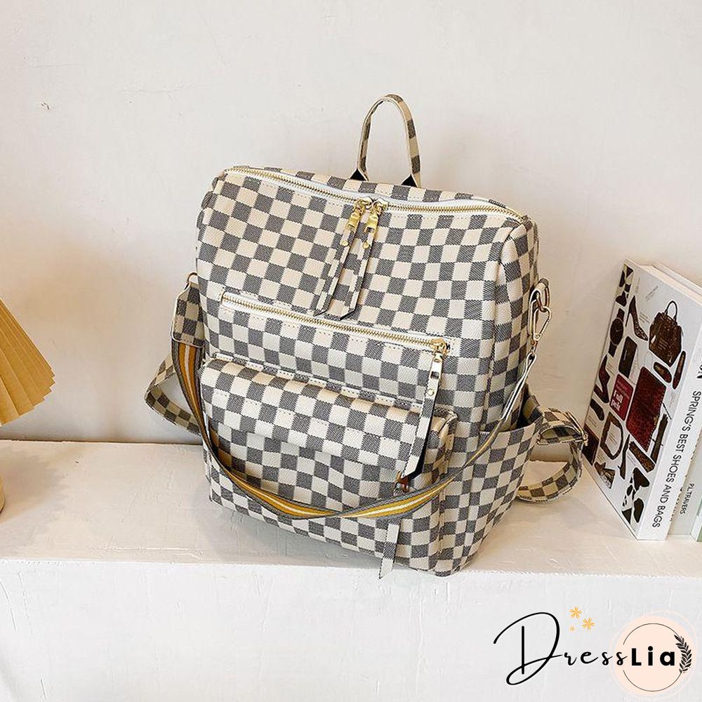 Retro Faux Leather Check Pattern Print Rucksack Vegan Backpack Tote