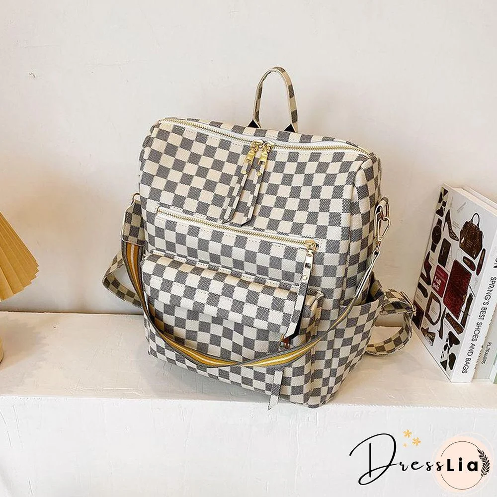 Retro Faux Leather Check Pattern Print Rucksack Vegan Backpack Tote