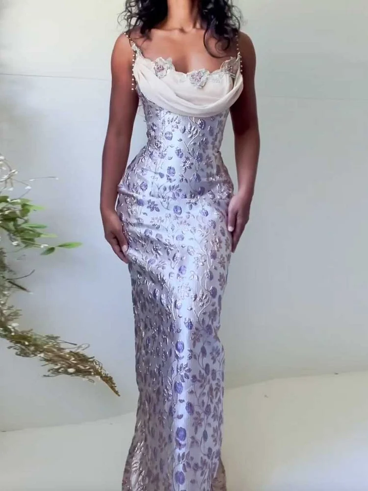 Shiny Sequinned Flower Embroidered Spaghetti-Neck Sleeveless Satin Maxi Dresses Fairytale Dress