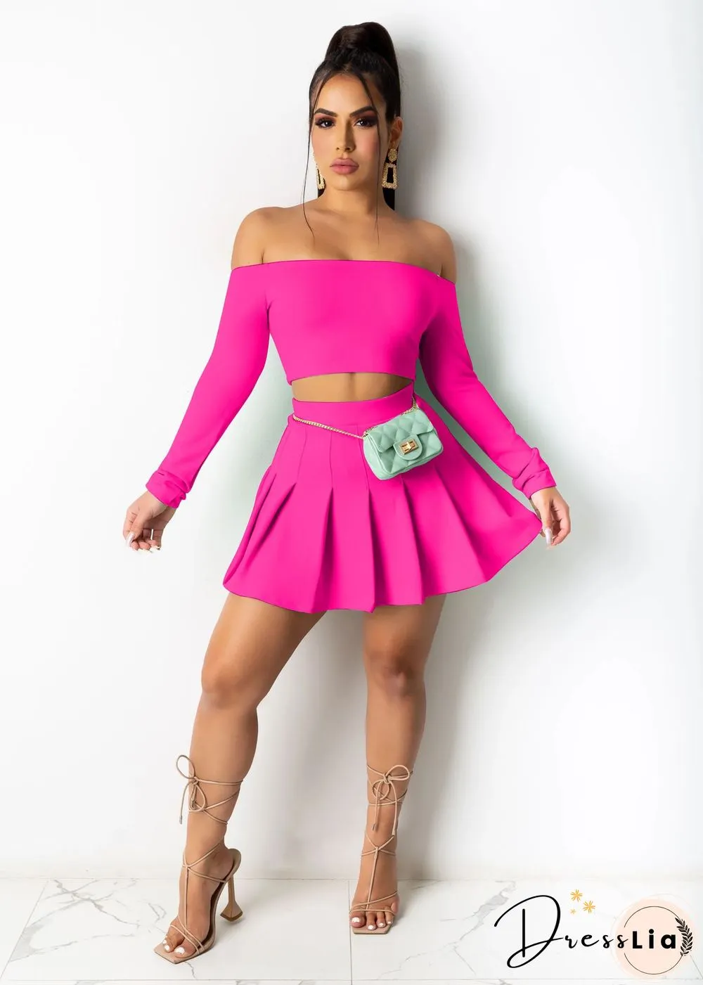 Sexy Off Shoulder Long Sleeve Crop Top Pleated Skirt 2 Piece Set