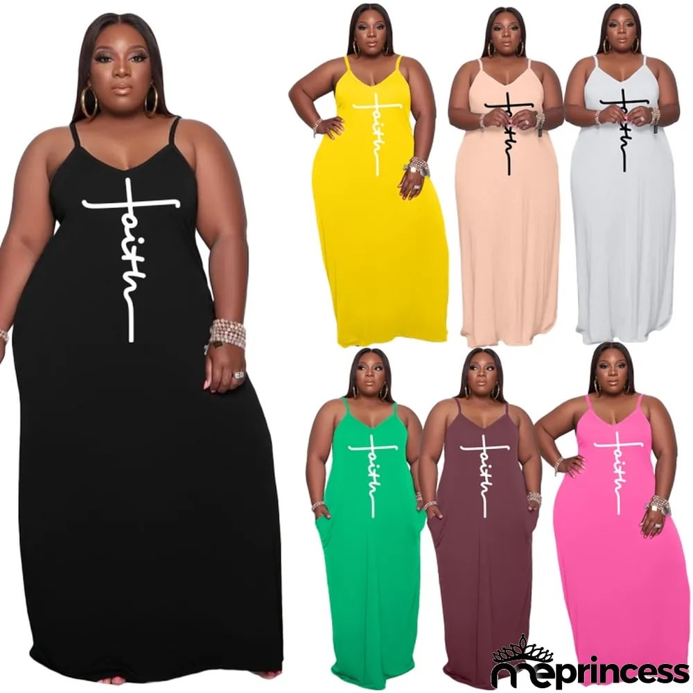Women Summer Black Casual Strap Sleeveless Letter Print Pockets Maxi Loose Plus Size Long Dress