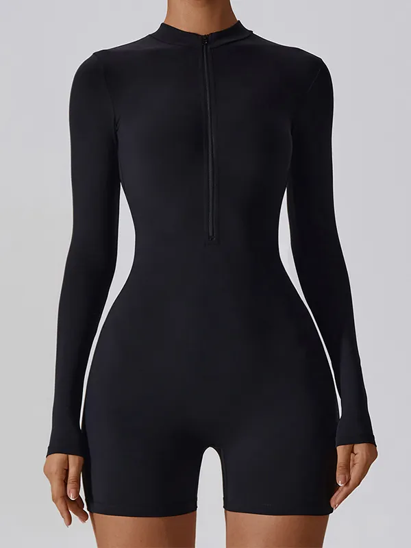 Sporty Solid Zip Up Long Sleeve Romper