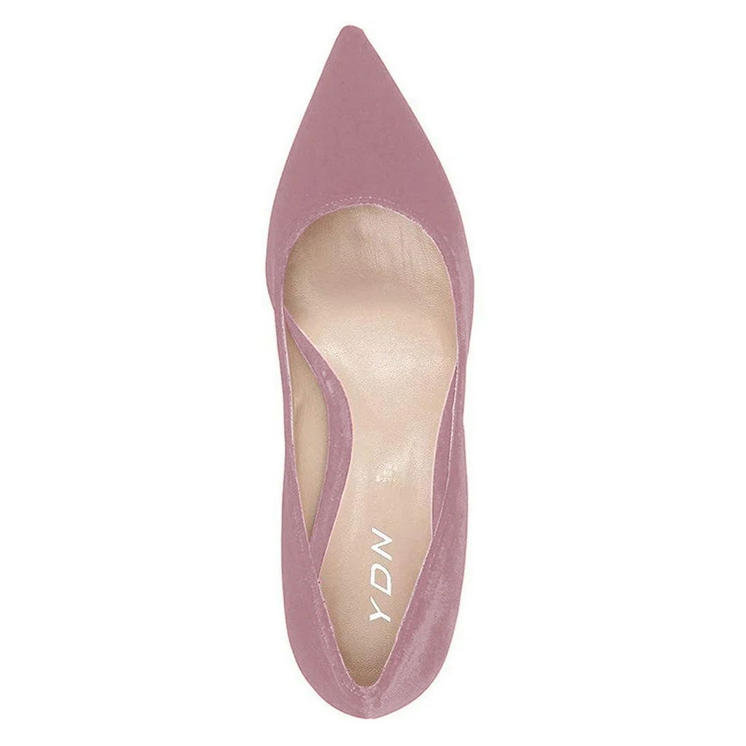 Pink Velvet Pointed Toe Enchanting Pumps with Chunky Heel for Girls