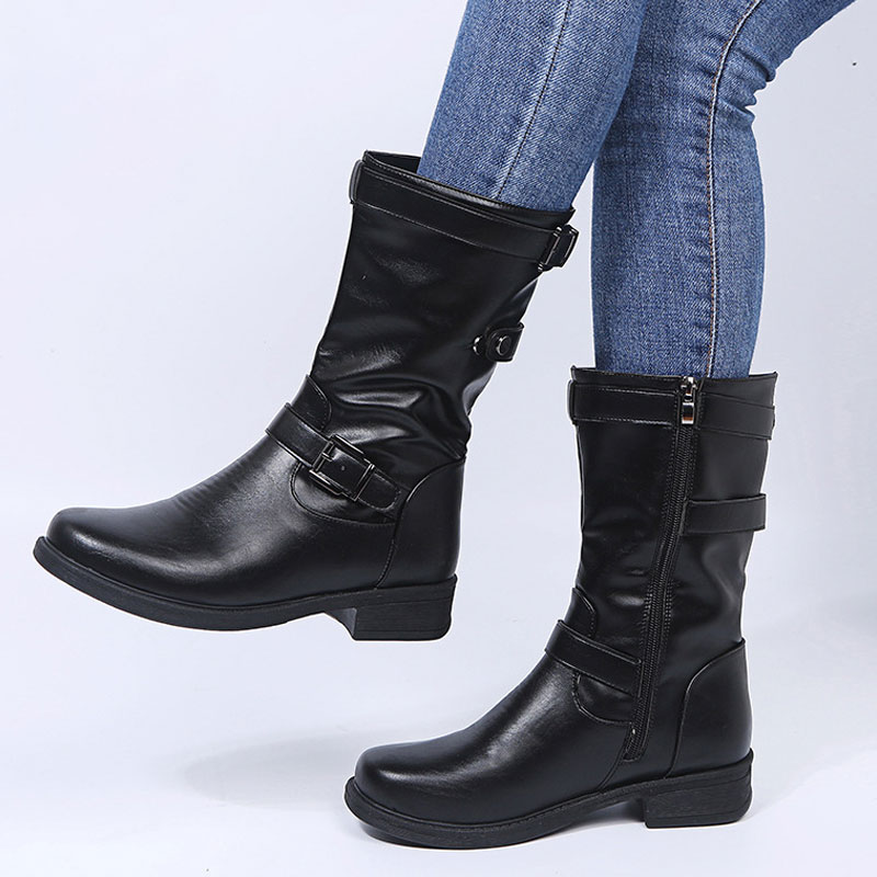 Low heel women's boots with polished color belt buckle - SissiStyles.com