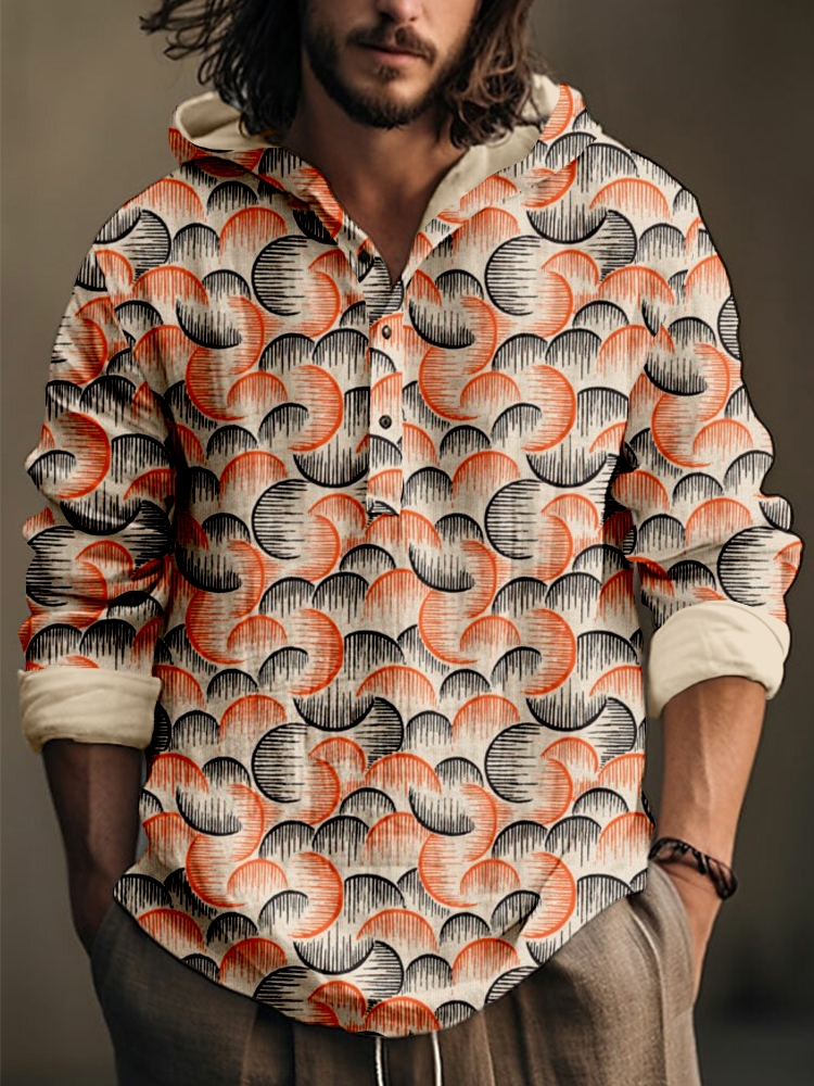 menweary Vintage Japanese Abstract Art Linen Blend Hooded Shirt