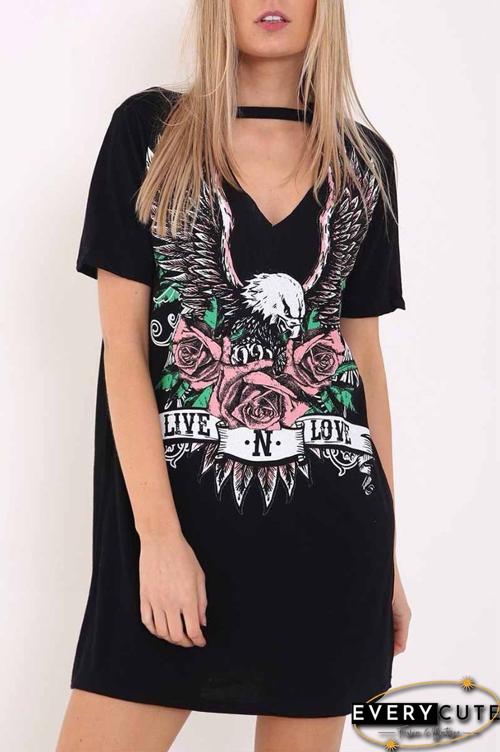 Women's Choker Cutout V-Neck Eagle Printed Short Sleeve Mini T-Shirt Dress