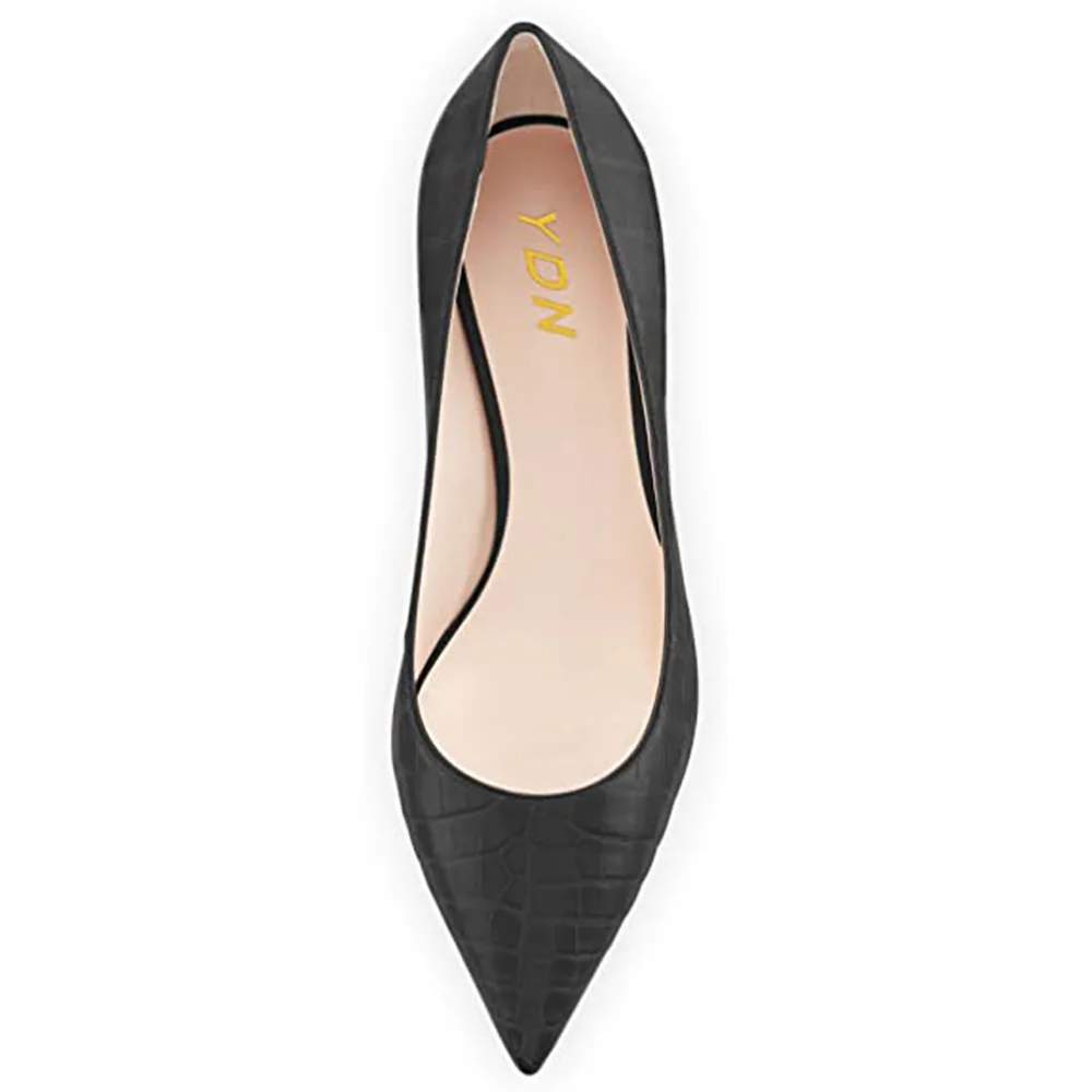 Black Vegan Leather Croc-Embossed Pointed Pumps with Kitten Heel