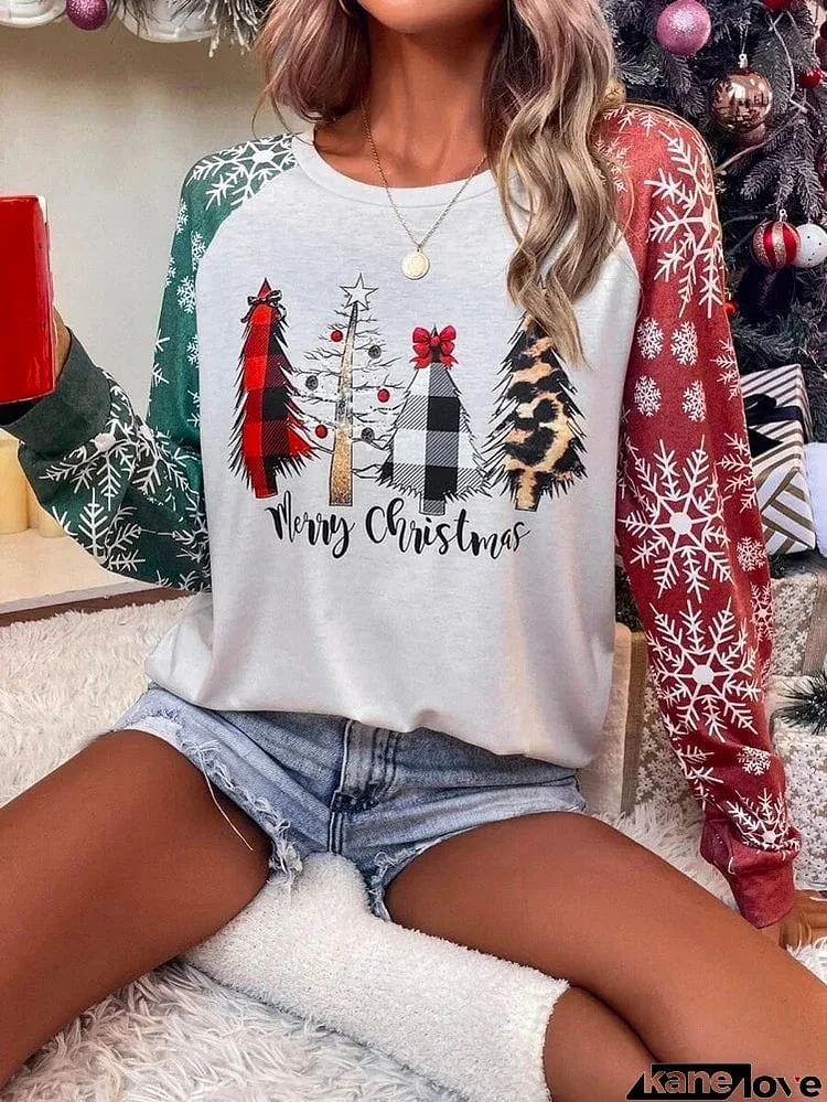 Christmas Loose Floral Printed Color-Block Round-Neck T-Shirts Tops