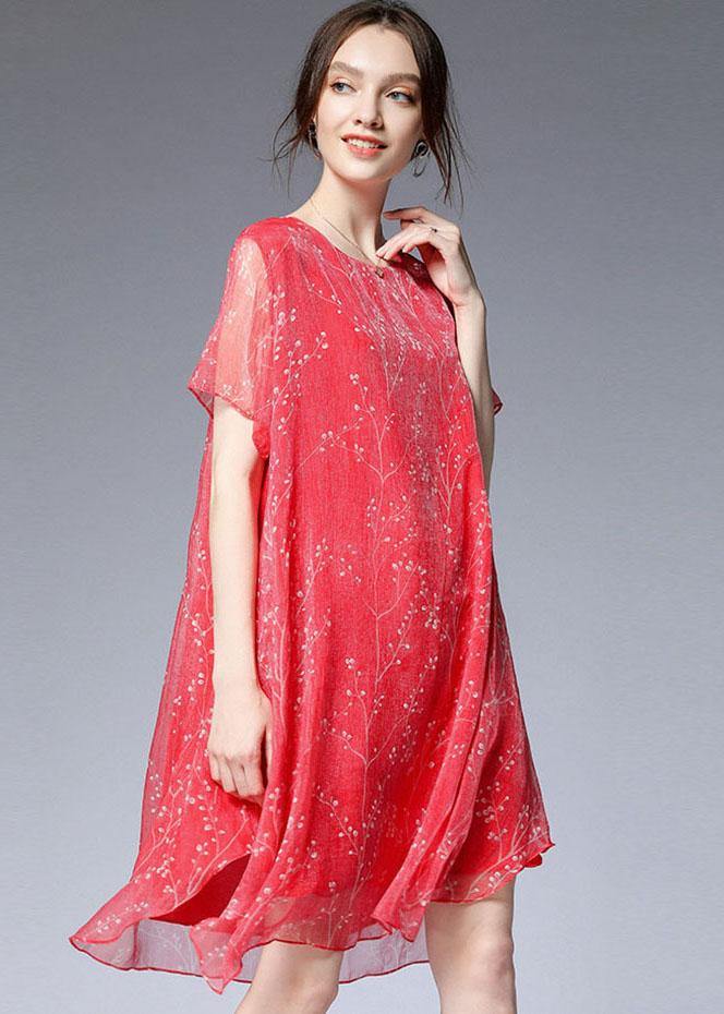 VCSHOES Red O-Neck Asymmetrical Design Summer Chiffon Dresses Short Sleeve