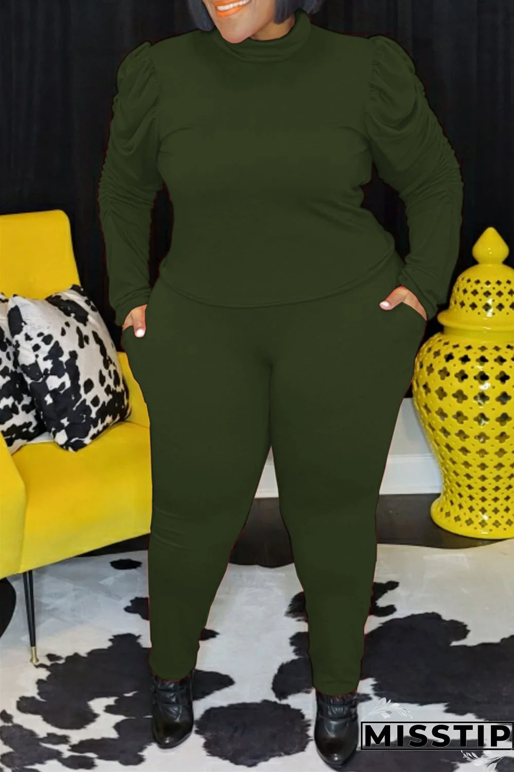 Army Green Fashion Casual Solid Basic Turtleneck Plus Size Two Pieces