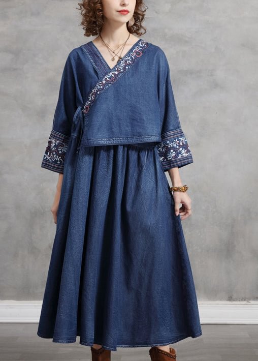 French Blue Cinched V Neck Embroideried pocket Cotton Dresses Long Sleeve CK1876- Fabulory
