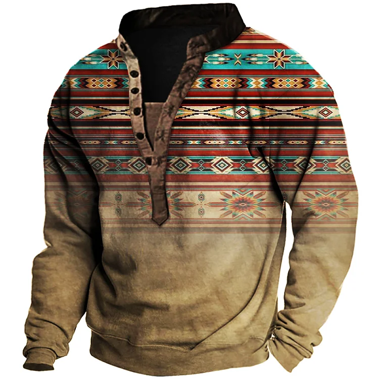 Men's Ethnic Print Henley Collar Sweatshirt 7893
