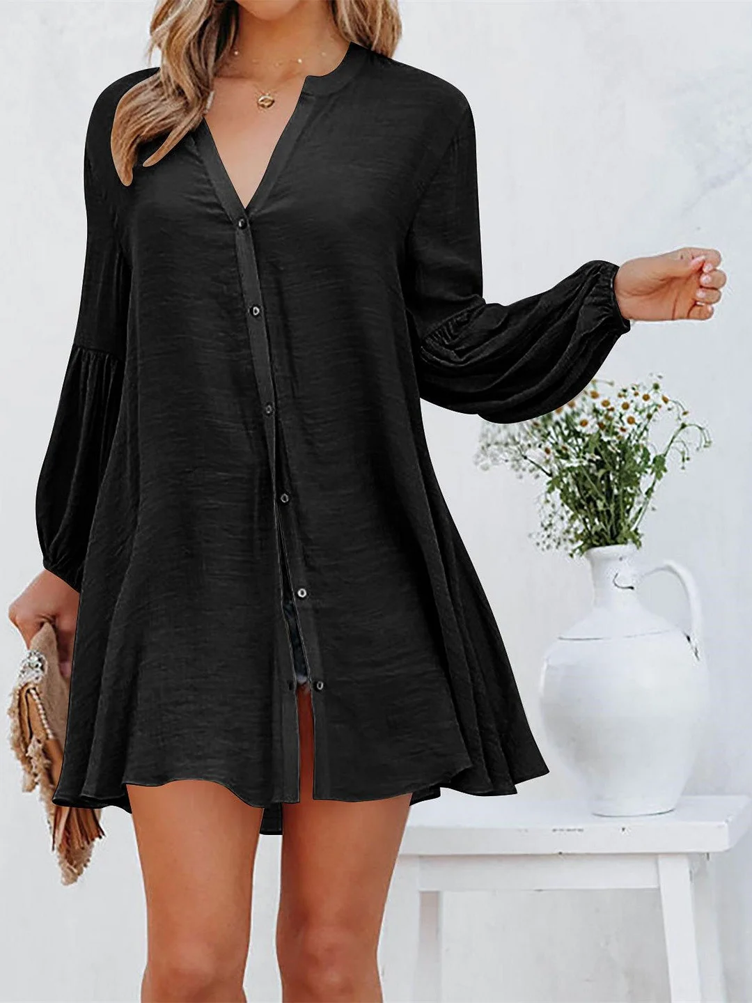 Women's Solid Color Button Long Sleeve V-neck Tops