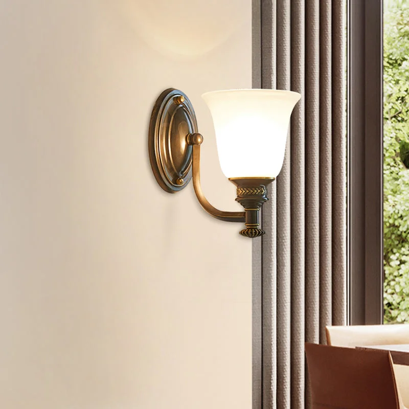 Brass Bell Wall Light Classic White Frost Glass Bedside Wall Mount Light Fixture