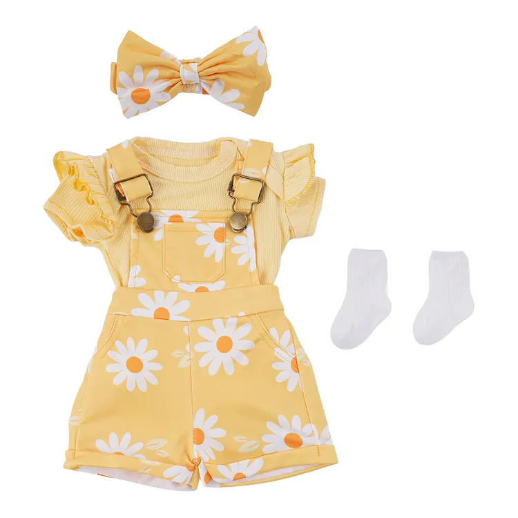 17"&ndash;22" Lovely Yellow Daisy Suspender Pants 4 Pcs Set for Reborn Baby Dolls
