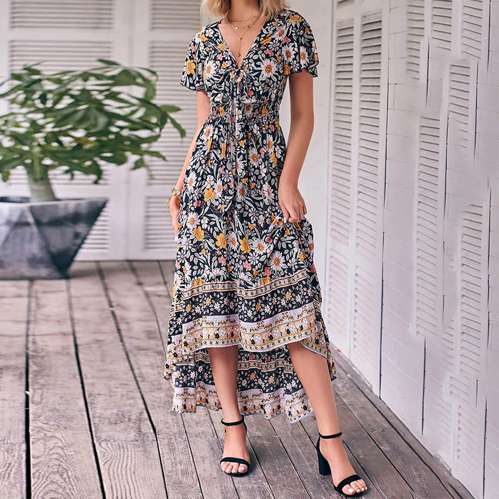 Women Boho Floral Print Beach Sexy Short Sleeve V Neck Ruffle Casual Midi Dress