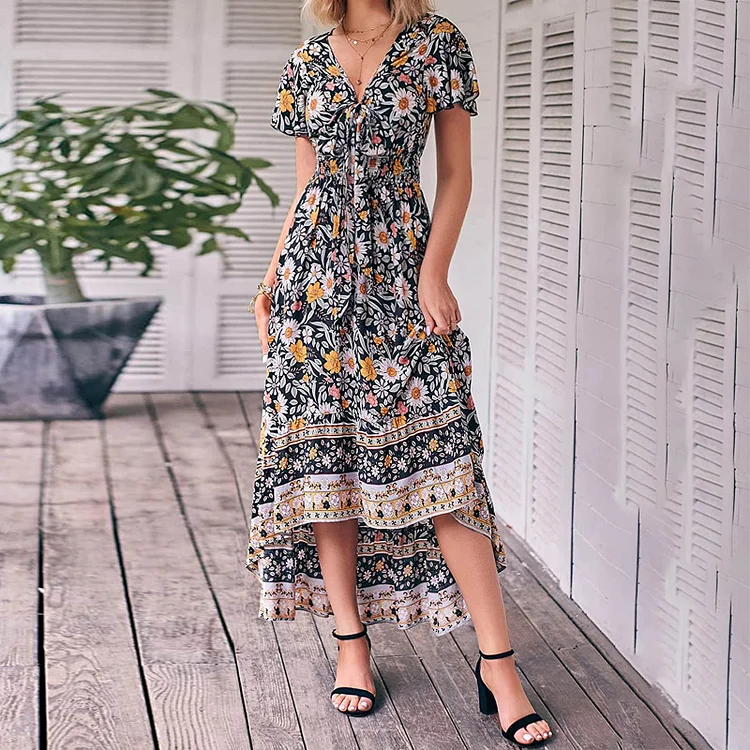 Women Boho Floral Print Beach Sexy Short Sleeve V Neck Ruffle Casual Midi Dress