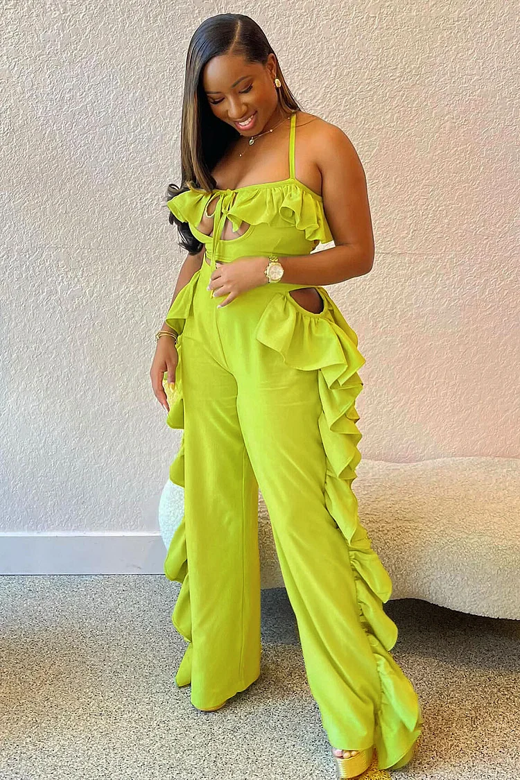 Cutout Cami Top Ruffle Wide Leg Pants Vacation 2pcs Set-Green [Pre Order]
