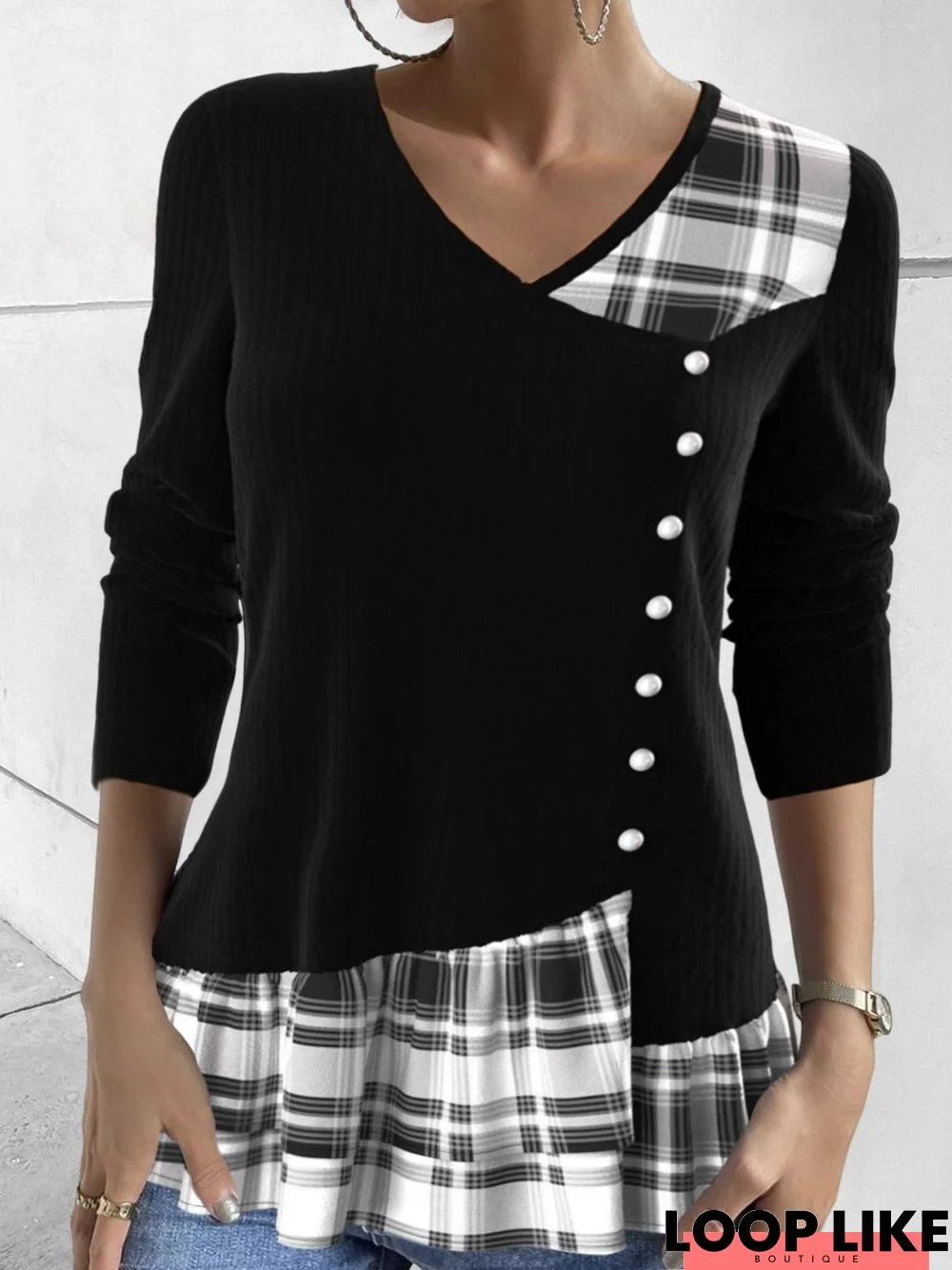 Casual Loose Plaid V Neck T-Shirt