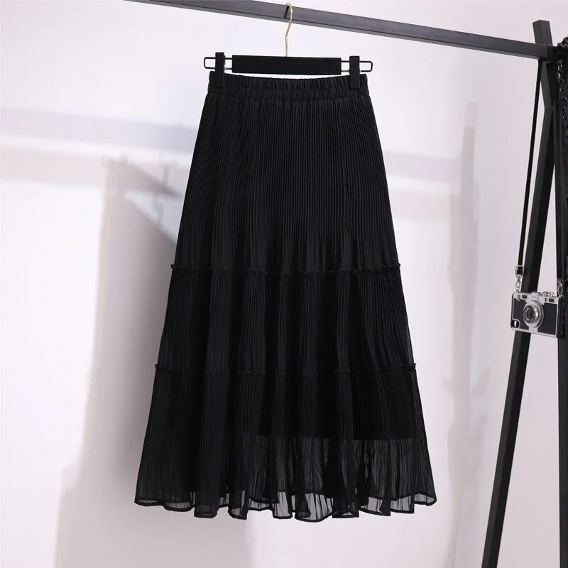 Woman Skirts Elegant Frill Trim Chiffon Pleated Skirt Summer Skirts Womens 2020 New Elastic High Waist Solid Casual Midi Skirt