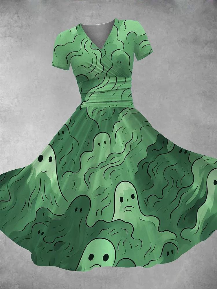 Women's Vintage Halloween Ghost Print Maxi Dress