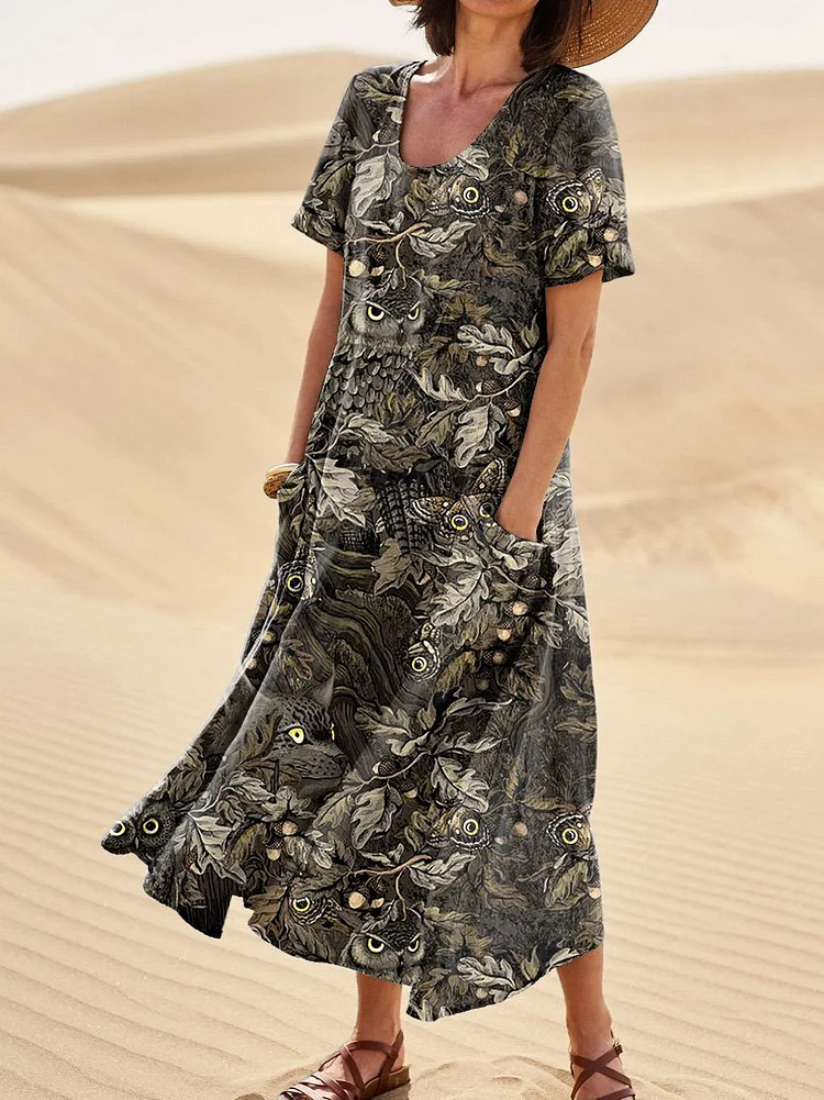 Night In The Dark Forest Repeat Pattern Printed Women's Linen Pocket Dress