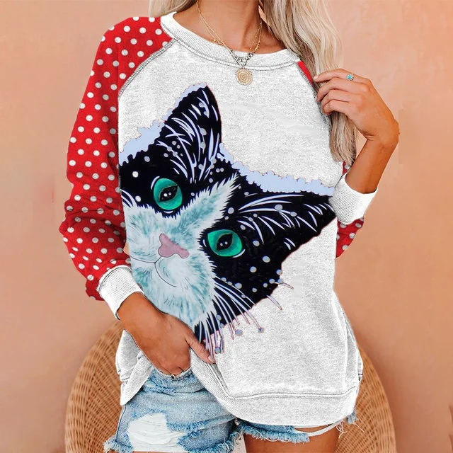 Crew Neck Lovely Cat Patchwork Polka Dot Sweatshirt