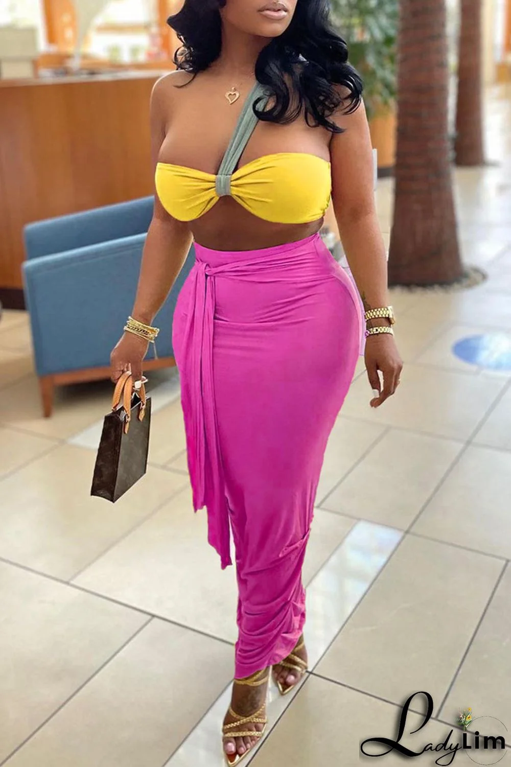 Orange Fashion Sexy Solid Split Joint Backless Strapless Sleeveless Two Pieces