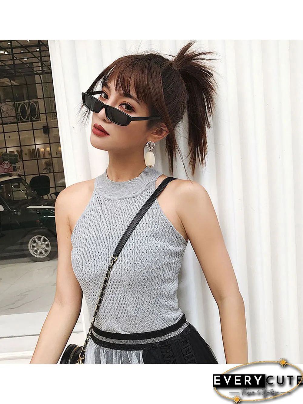 Heliar Women Round-neck Tops Beach Tank Top Off Shoulder Female Slim Knit Crop Knitted