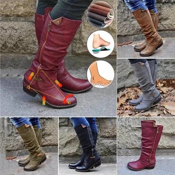 Women Winter Fashion Side Zipper PU Leather Shoes Snow Boots Casual Boots Brown Retro block Heel High Boots Sexy Vintage Knee Boots British Style - Shop Trendy Women's Clothing | LoverChic