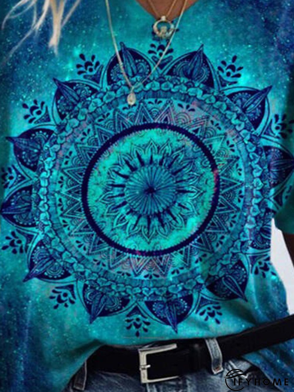 Vintage Geometric Floral Printed V Neck Short Sleeve Casual Top | IFYHOME