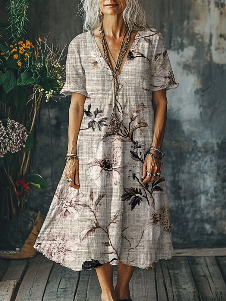 Women's Flowers Art Print Pocket Cotton Dress