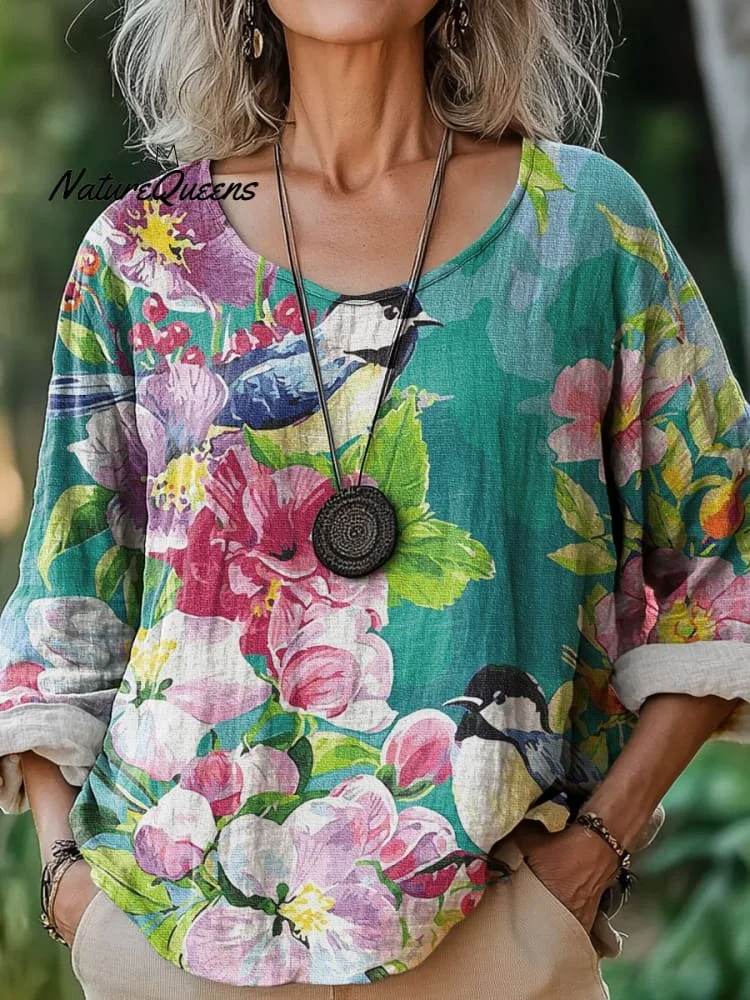 Women's Vintage Flowers Bird Art Print Casual Cotton And Linen Shirt