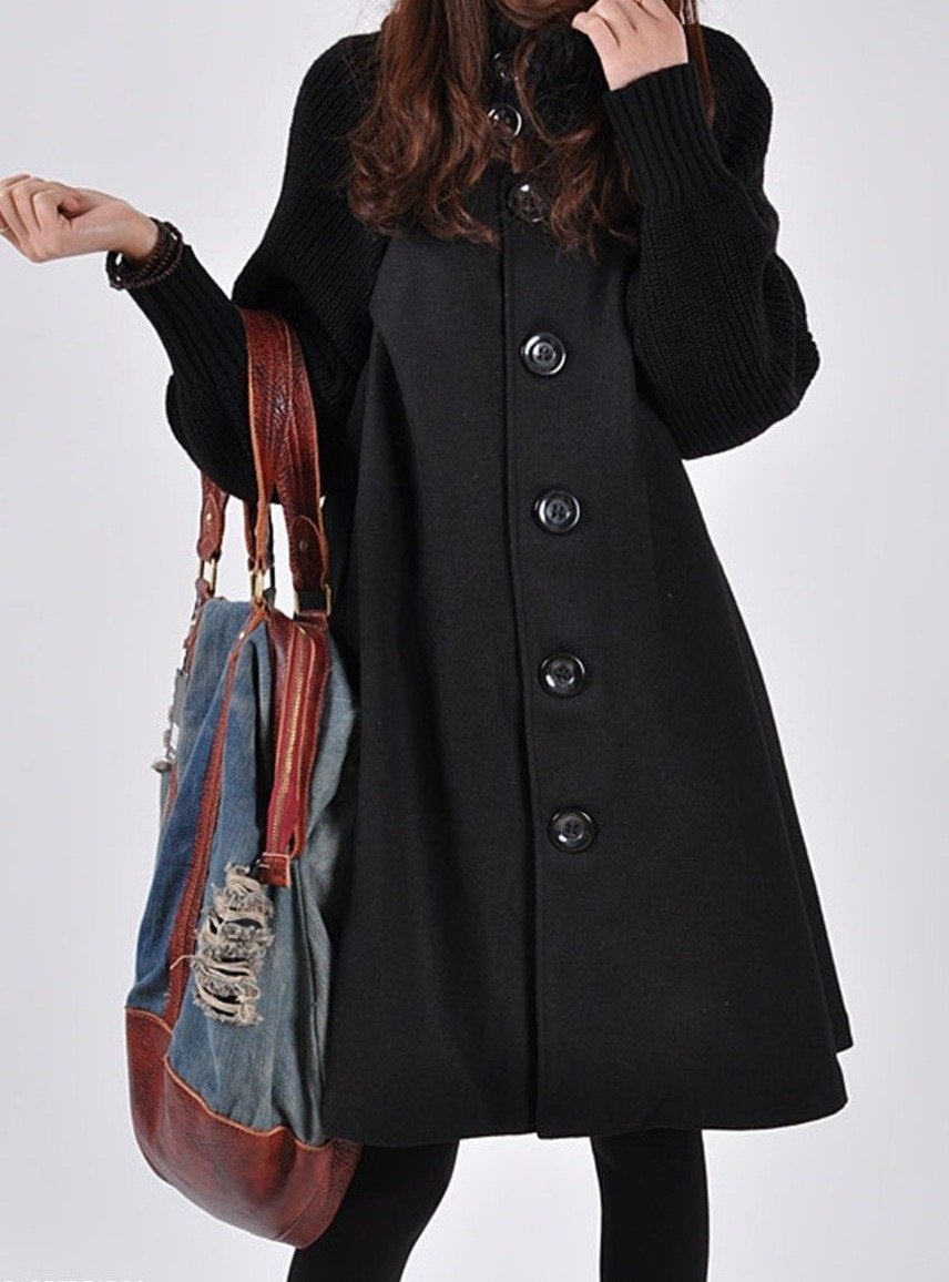 High Neck Patchwork Crochet Curved Hem Plain Raglan Sleeve Long Sleeve Coats | EGEMISS