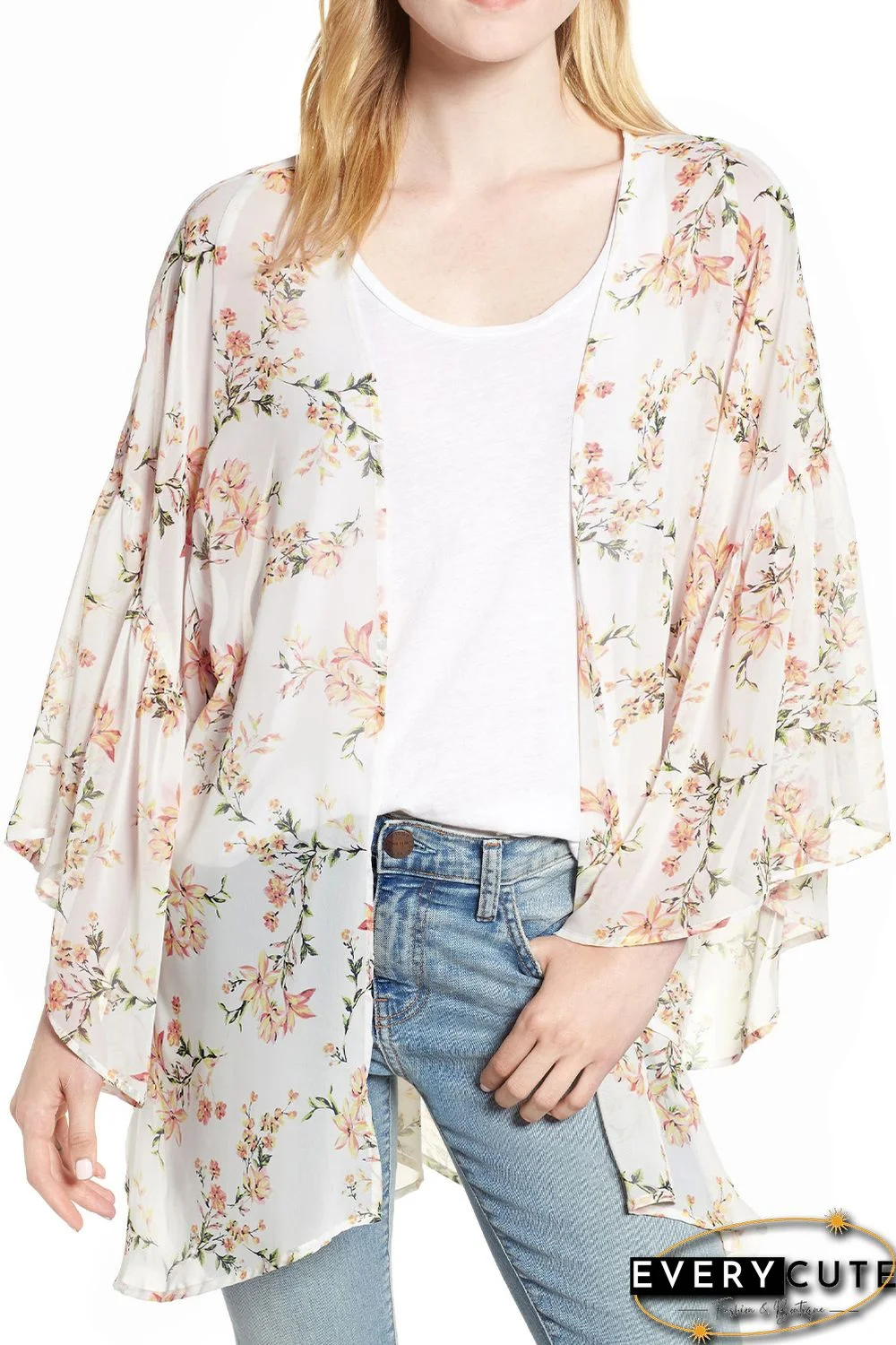 White Floral Print Ruffled Long Sleeves Kimono