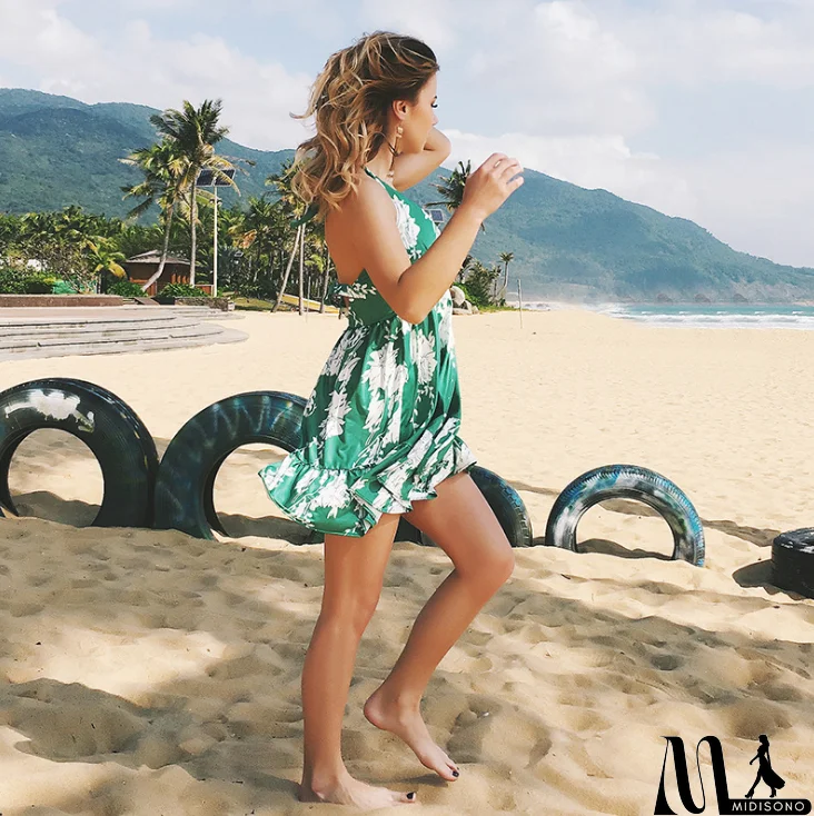 MidiSono - Sexy V-Neck Backless Printed Sleeveless Beach Dress