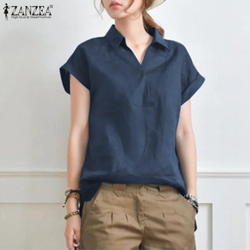 ZANZEA Summer Elegant Lapel Neck Solid Blouse Women Short Sleeve Solid Cotton Tops Casual Loose Blusas OL Work Shirt Oversize
