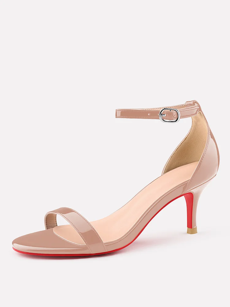 65mm Women's Round Toe Sandals Kitten Heel Red Bottom High Heels Ankle Strap Patent Leather Party Shoes