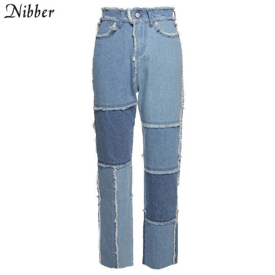 NIBBER Fashion 2020 Women High Waist street wear, hip hop Straight trousers, patchwork design button fly casual female Pants