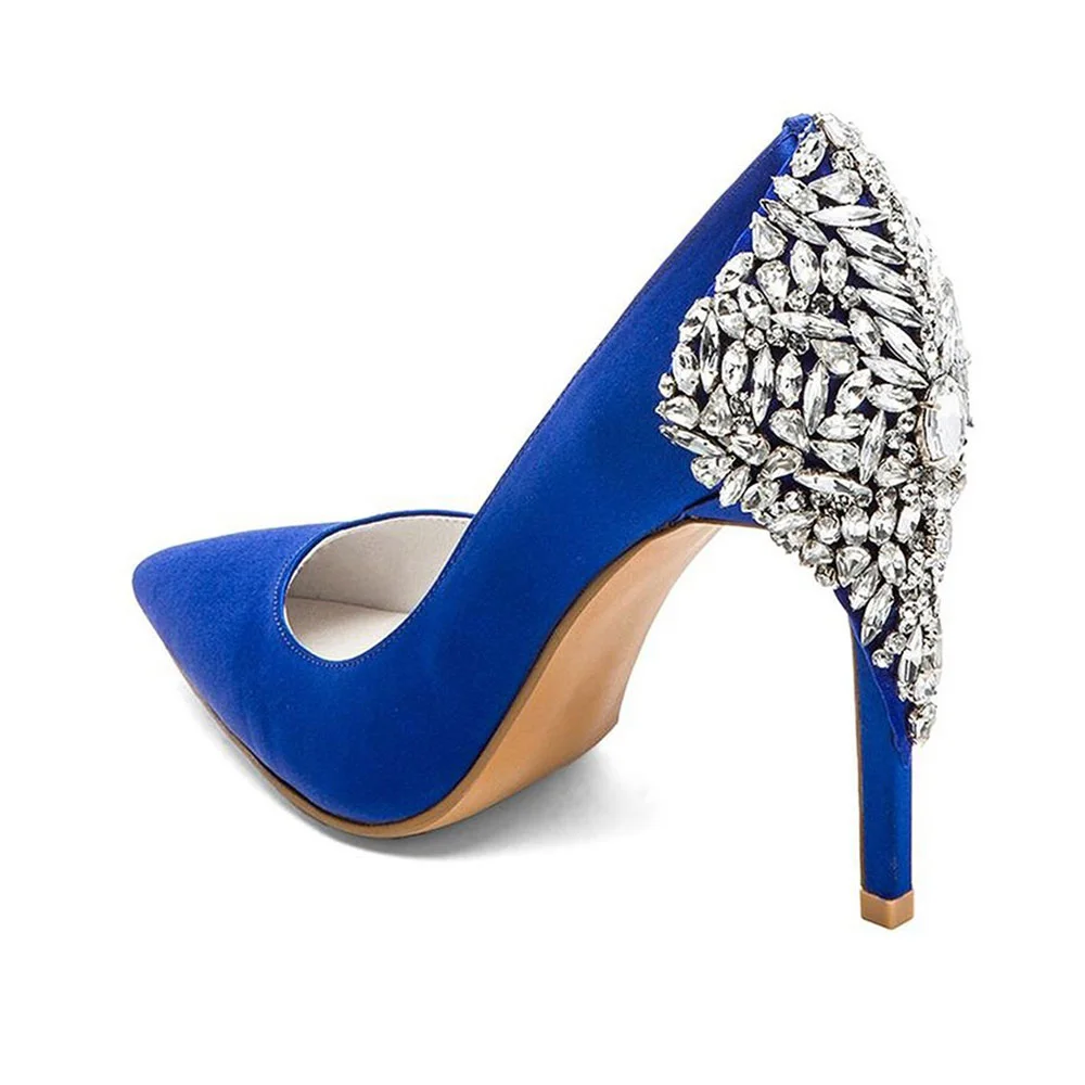 Women's Blue High Heels Pointed Toe Pumps Shoes with Rhinestones