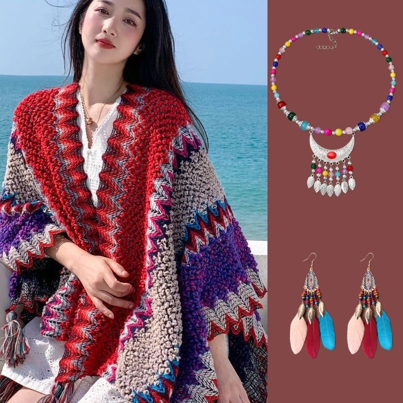Yunnan Lijiang Travel Outside Knitted Shawl Ethnic Style Vintage Cape Cloak Tassel Scarf For Vacation Wear