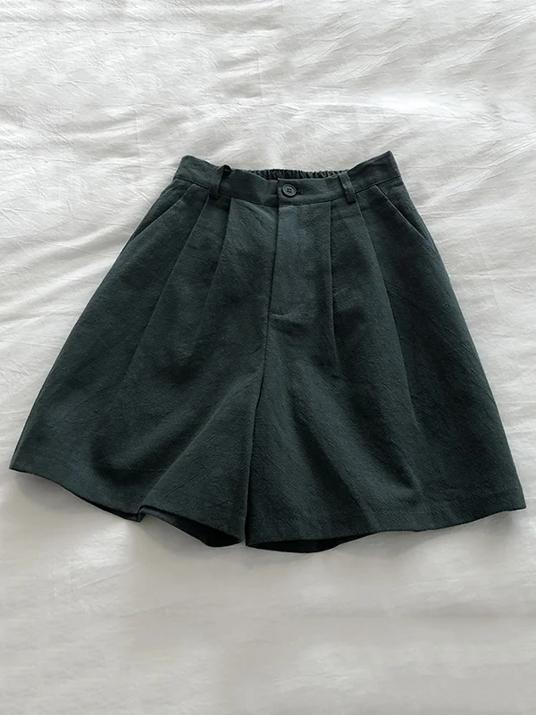 Loose Wide Leg Elasticity Pleated Solid Color Shorts