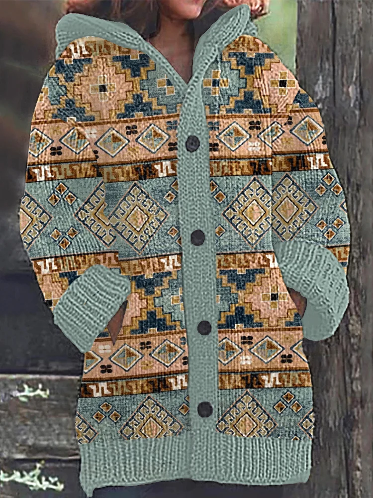 Western Ethnic Print Cozy Knit Hooded Cardigan