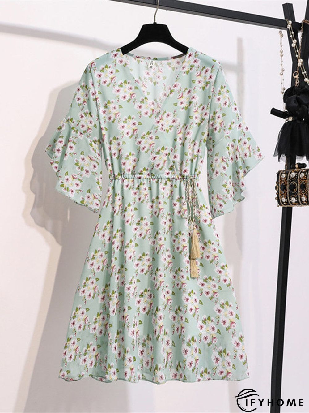 Spring Summer Chiffon Women V-Neck Floral Print Short Dresses Sweet Ruffle Sleeeve Slim Drawstring Ladies Dress | IFYHOME