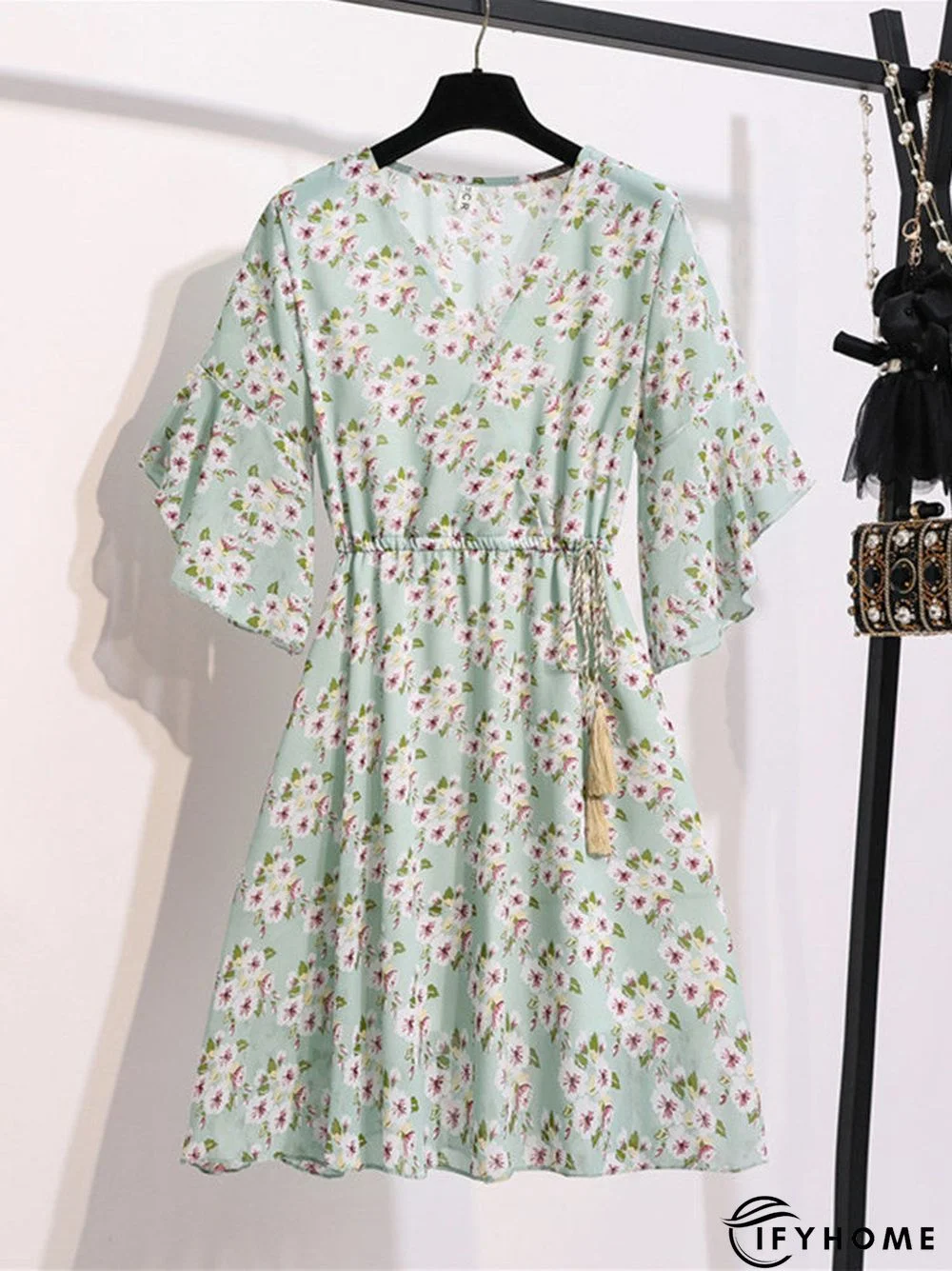 Spring Summer Chiffon Women V-Neck Floral Print Short Dresses Sweet Ruffle Sleeeve Slim Drawstring Ladies Dress | IFYHOME